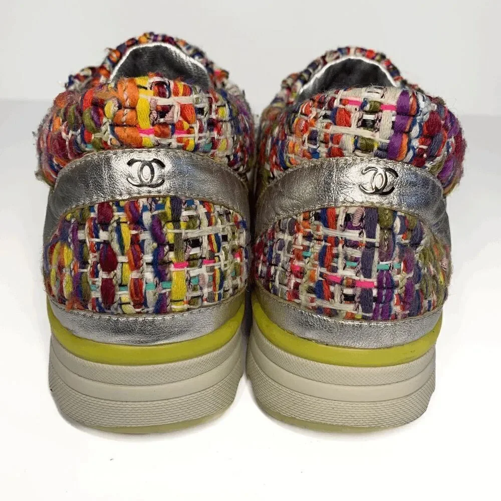 Chanel CC Logo Tweed Rainbow Metallic Gold Multi Sneakers EU 36.5 Lace Up Shoes